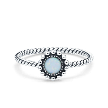 Petite Dainty Rope Vintage Style Lab Opal Ring Solid Oval Oxidized Lab Created White Opal 925 Sterling Silver